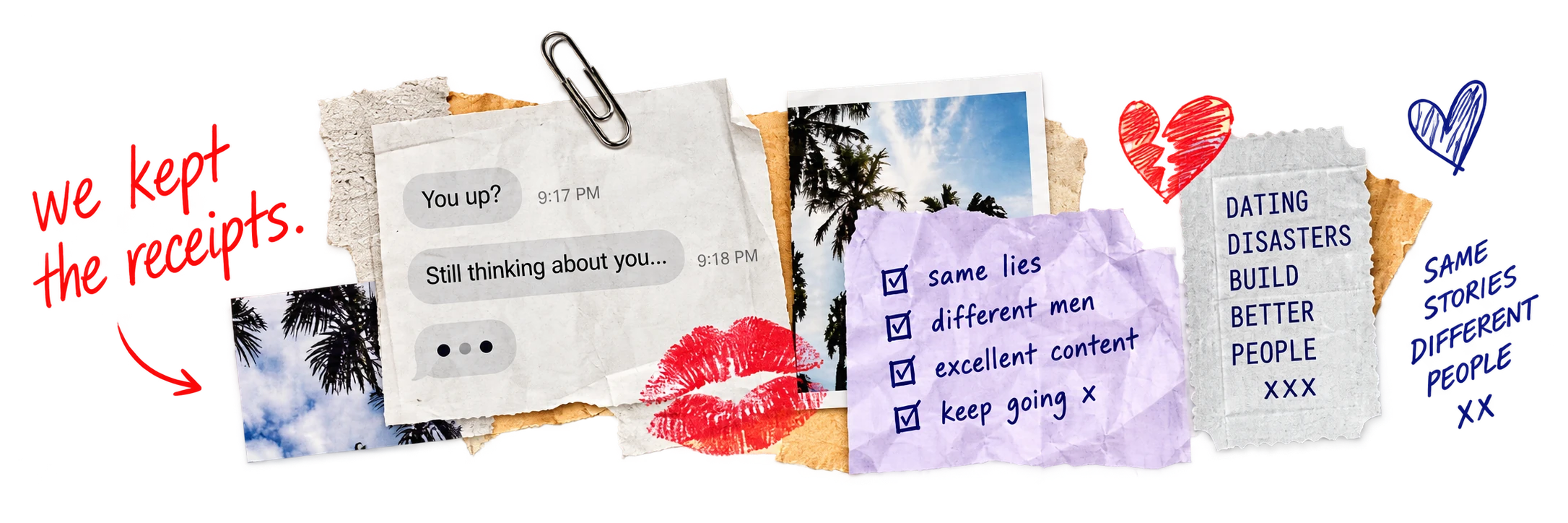 Scrapbook collage of dating messages, photographs and handwritten notes